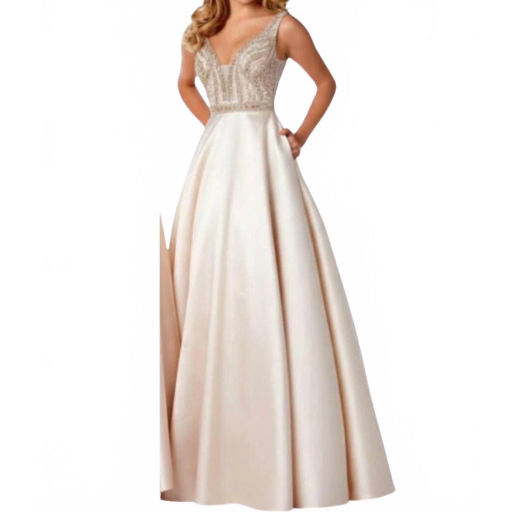 New Karishma Creations Beaded V-Neck Satin A-Line Evening Gown In Champagne